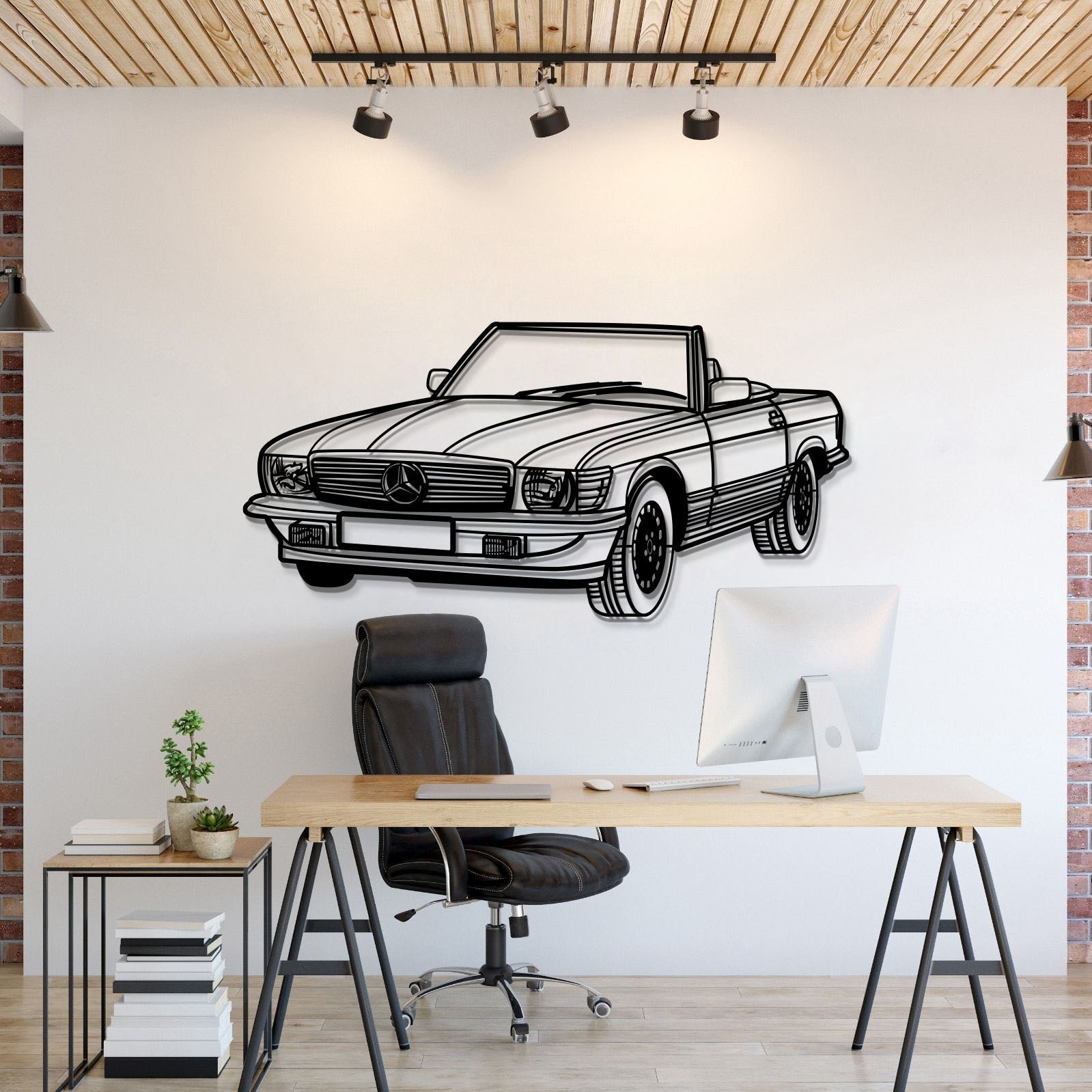 Mercedes-Benz W107 Convertible (1976) Perspectivă  metal wall art – laser-cut 2 mm textured steel with matte powder-coat finish