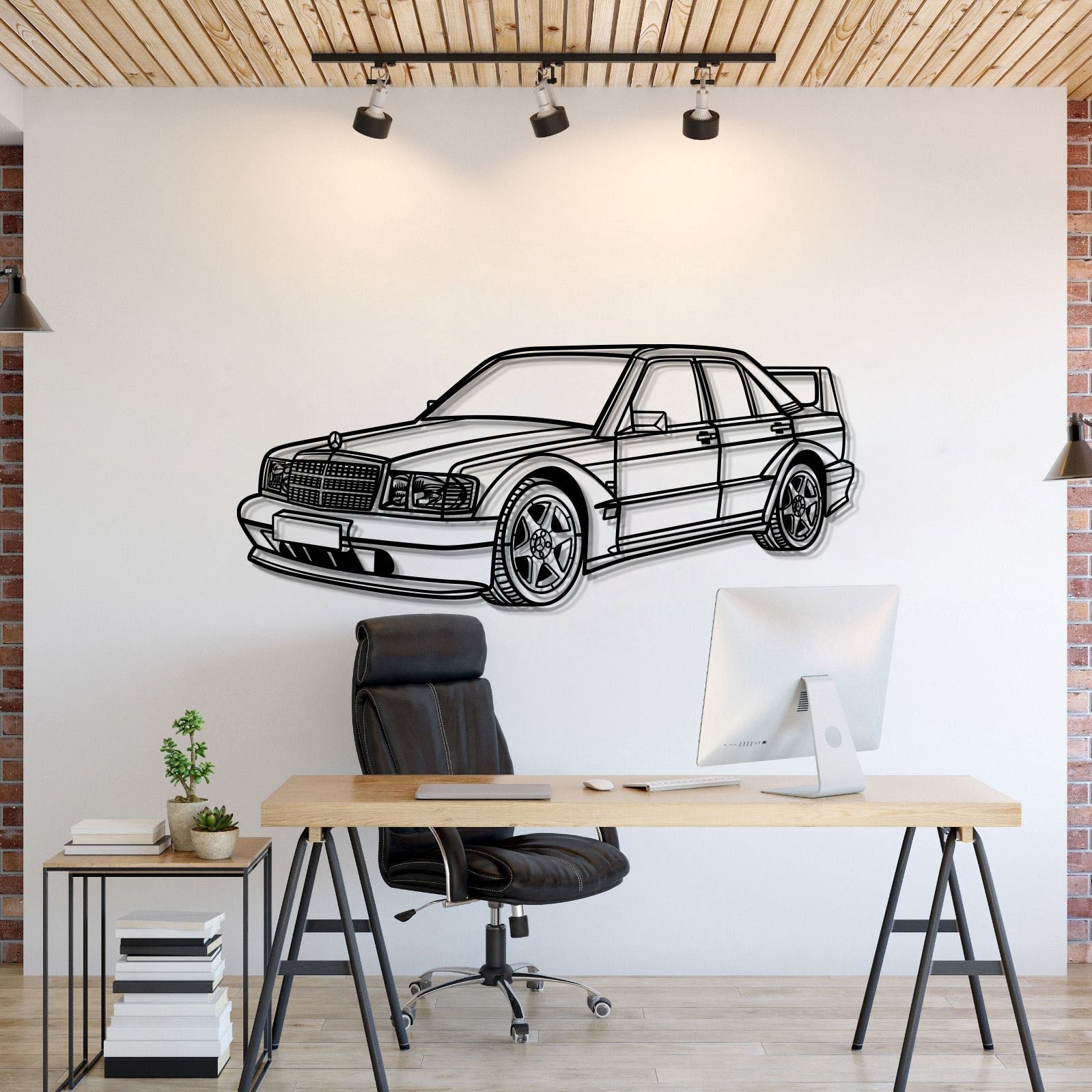 1990 190E 2.5‑16 EVO II perspective metal wall art laser cut steel silhouette
