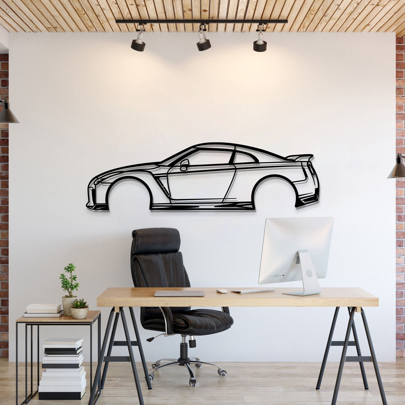 A modern living room wall adorned with Nissan GTR R35 metal car wall art