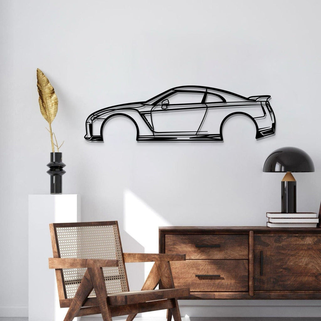 Nissan GTR R35 metal silhouette hangs elegantly in a sleek garage setup