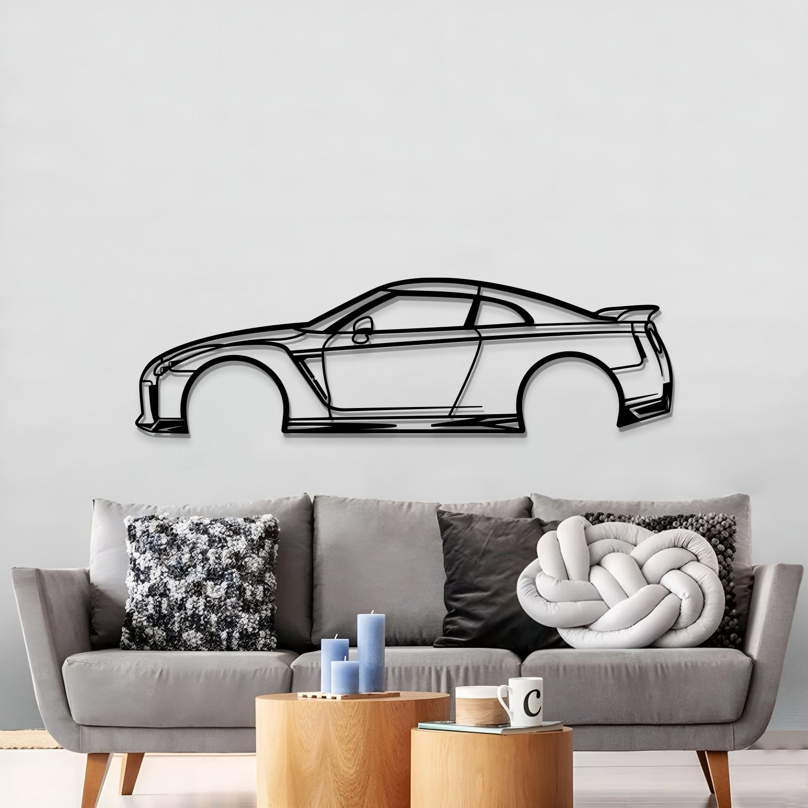 Office interior features Nissan GTR R35 wall art as a statement piece