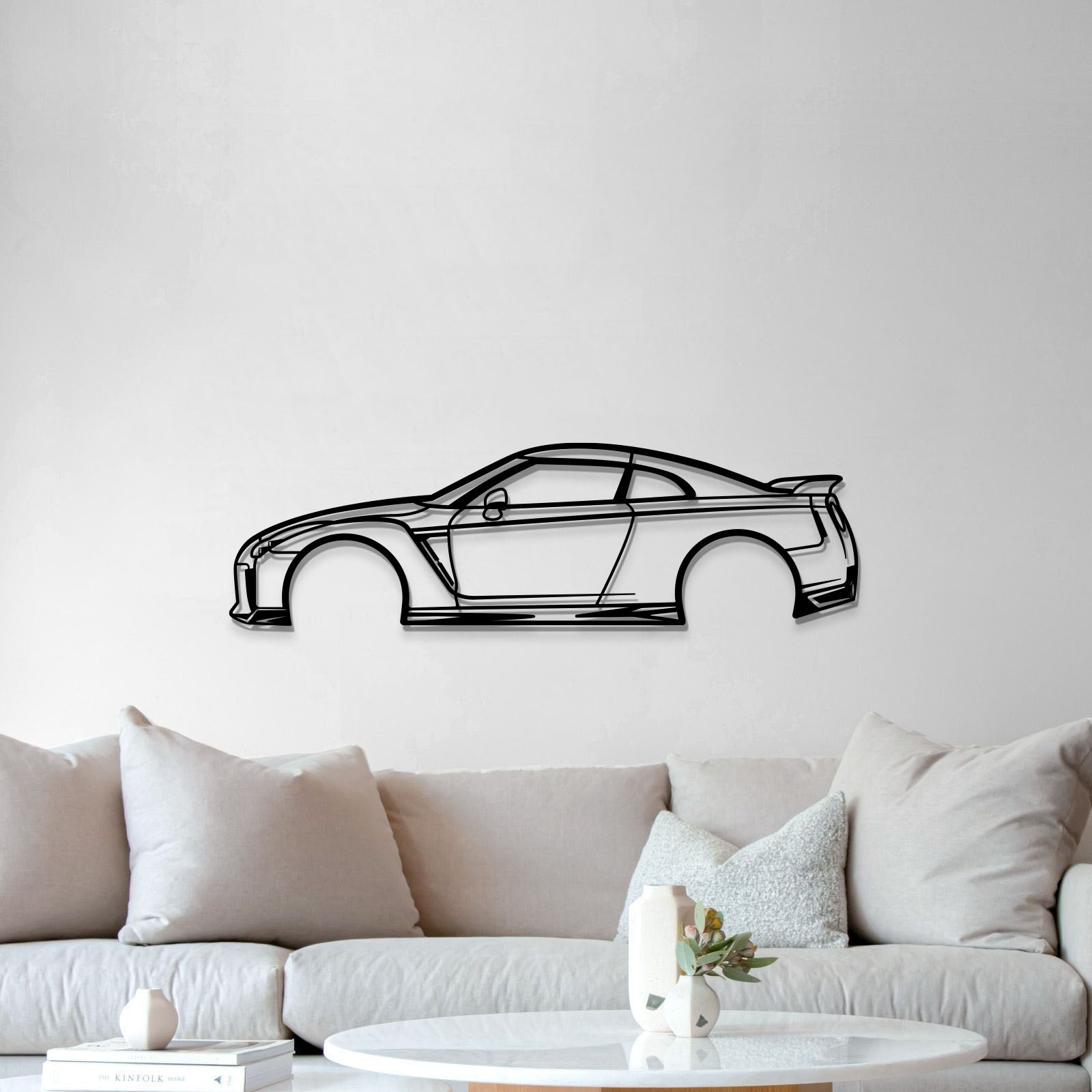 Man cave decorated with Nissan GTR R35 laser-cut metal car outline