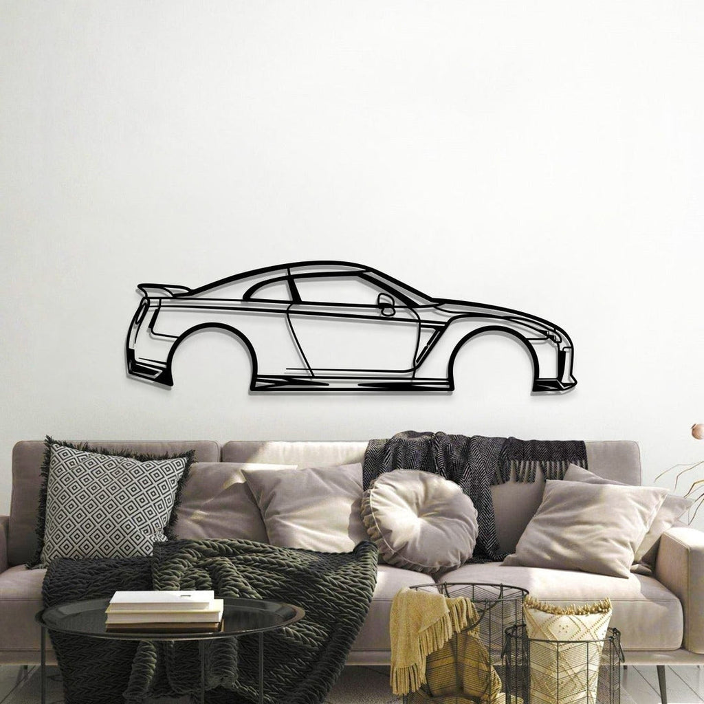Stylish home office enhanced by Nissan GTR R35 floating metal wall art