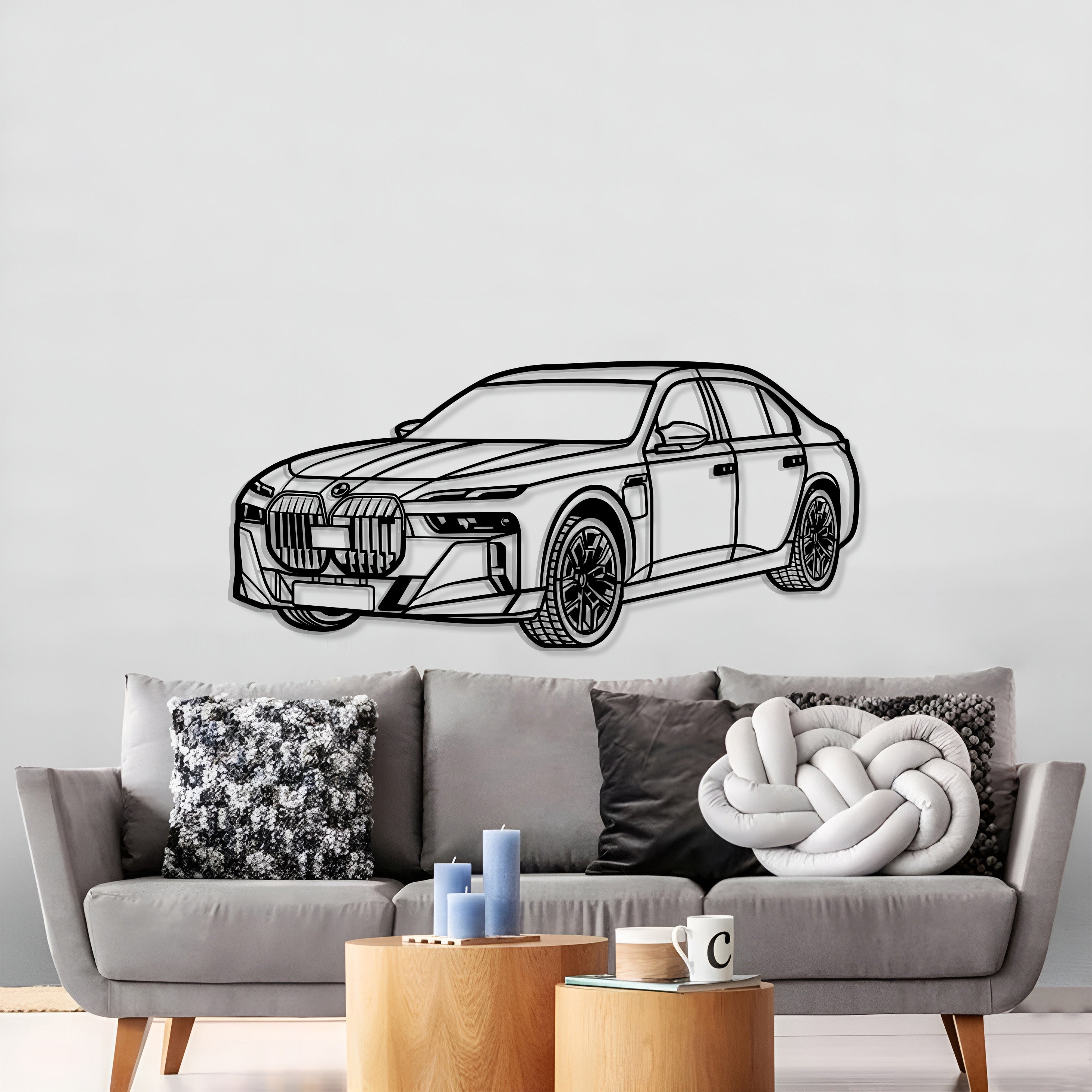 Metal wall art showing BMW M760 xDrive limousine side perspective