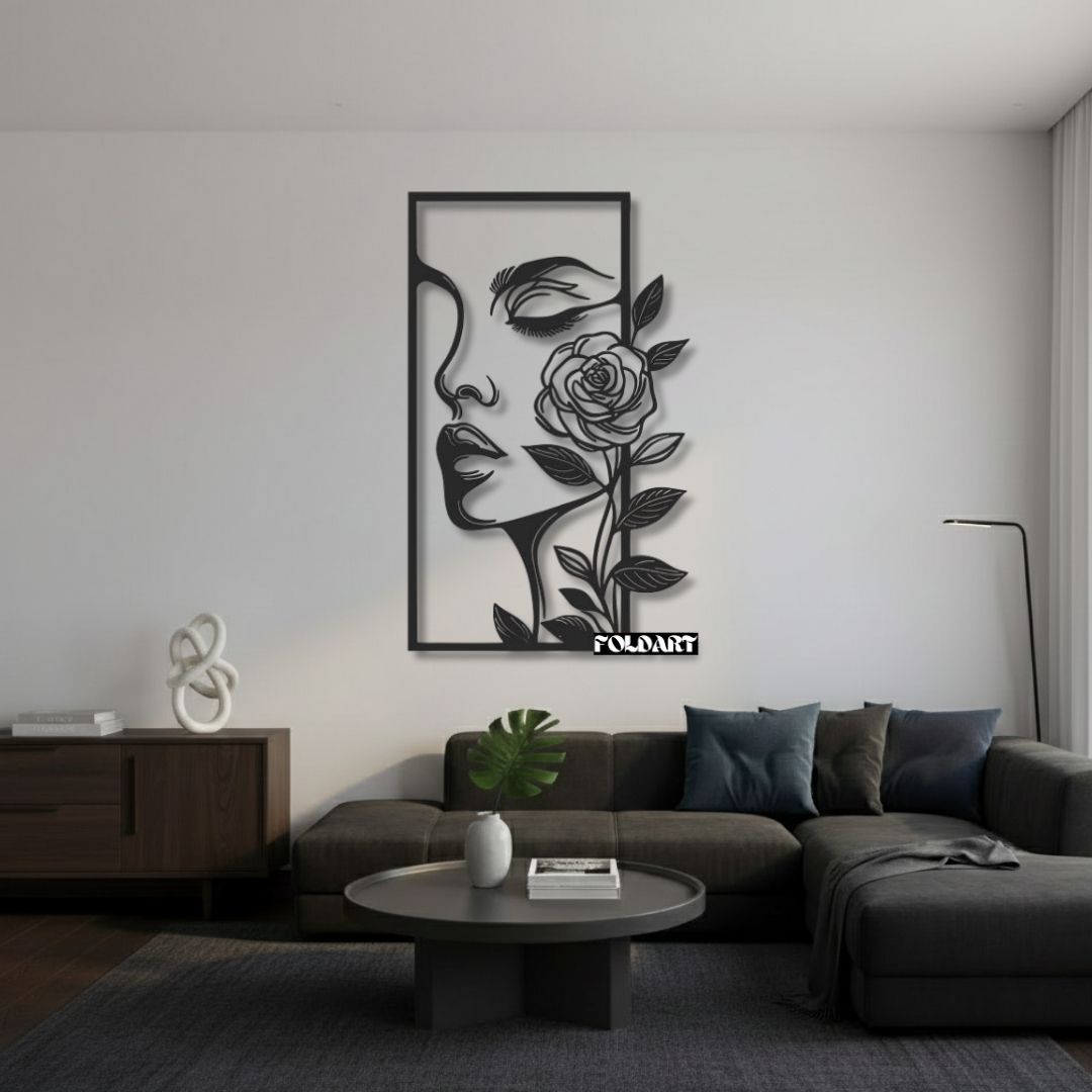 Fata de Femeie cu un trandafir - Tablou Contur Metalic - FOLDART