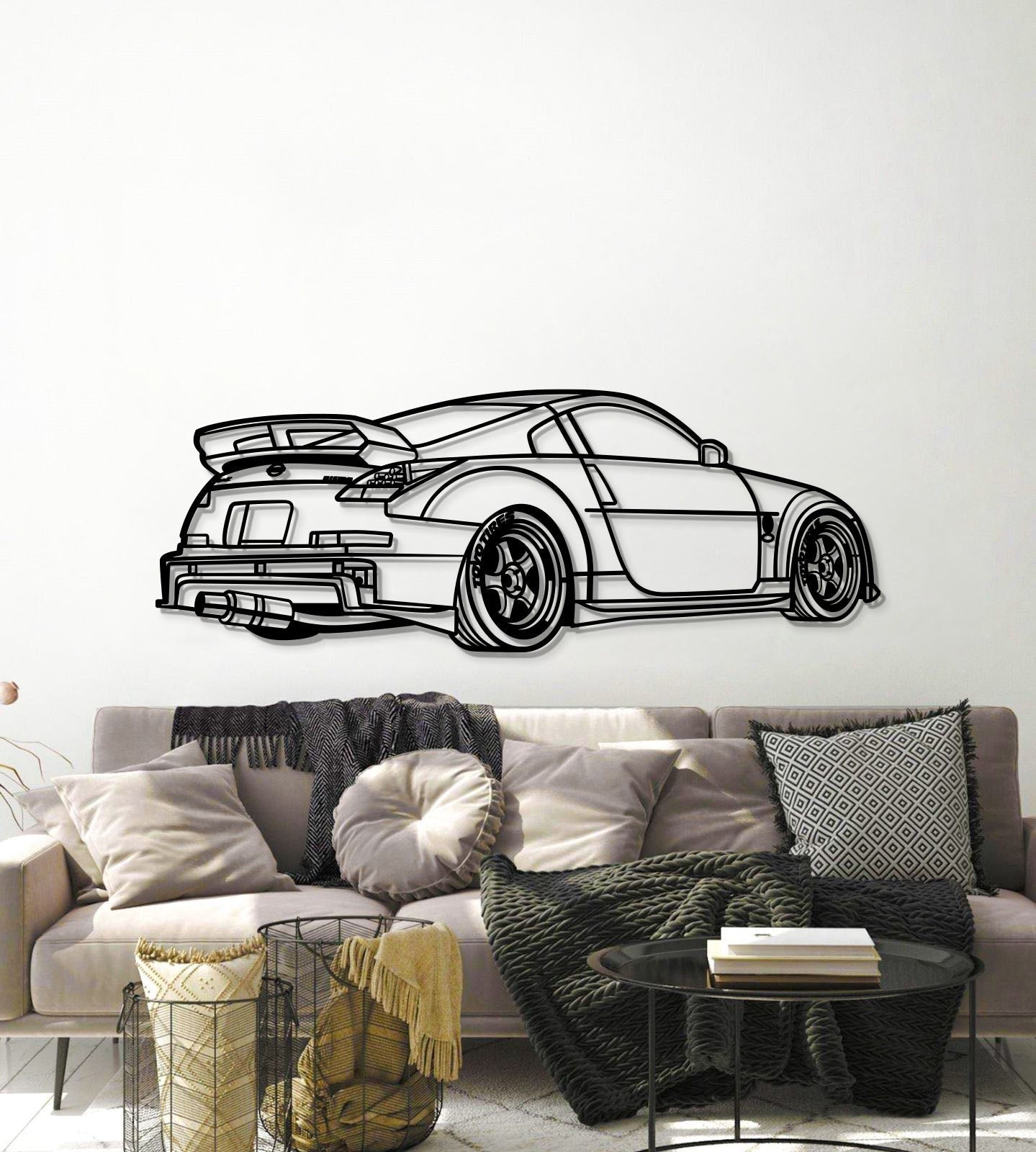 Nissan 350Z Perspectivă  metal wall art – textured steel elevated with screws for bold dimensional presentation