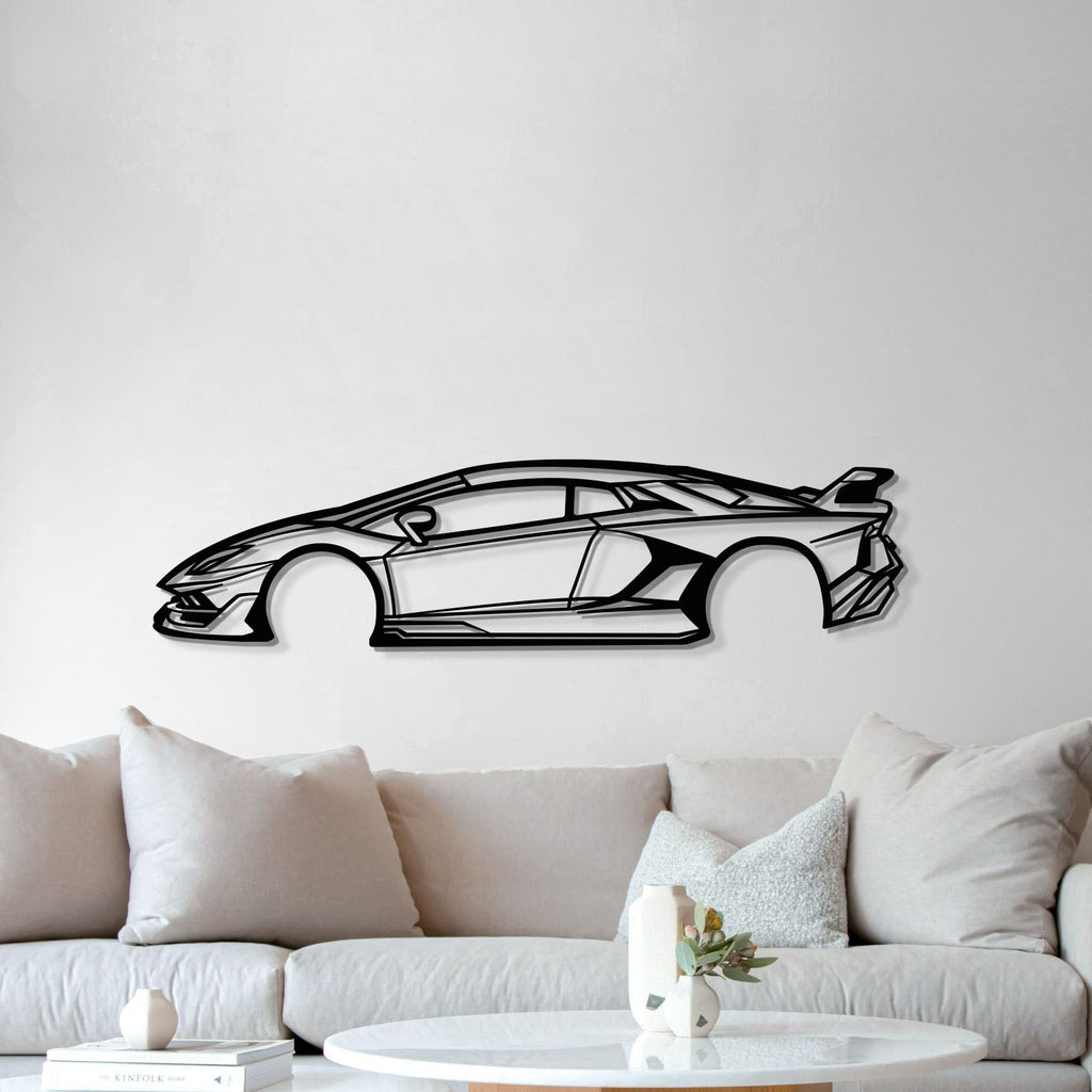 Man cave enriched by Aventador SVJ minimalist metal décor with Italian supercar presence