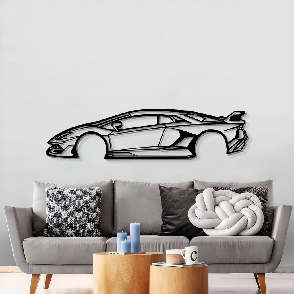 Aventador SVJ floating metal wall sculpture brings performance car flair to an office space