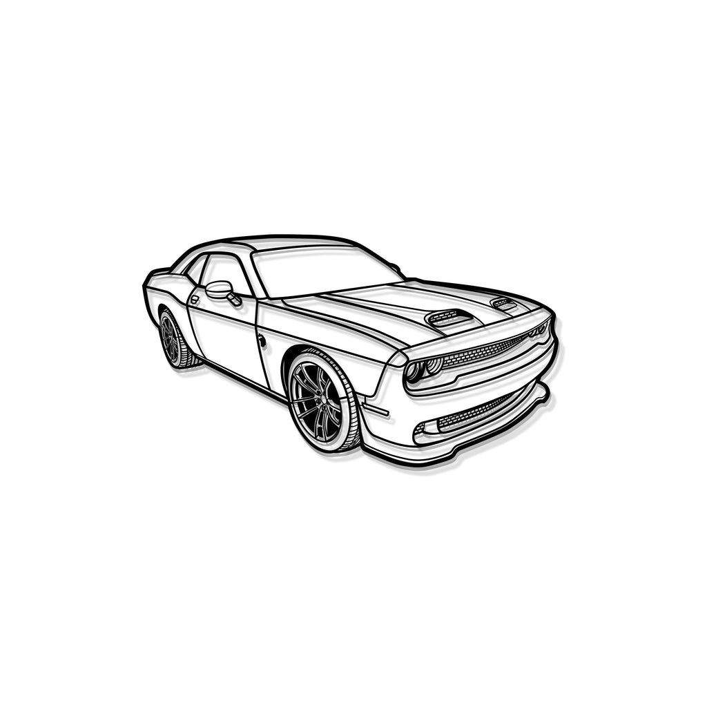 Dodge Challenger Hellcat 2023 perspective metal silhouette – high-quality textured steel ready to hang with floating 3D style