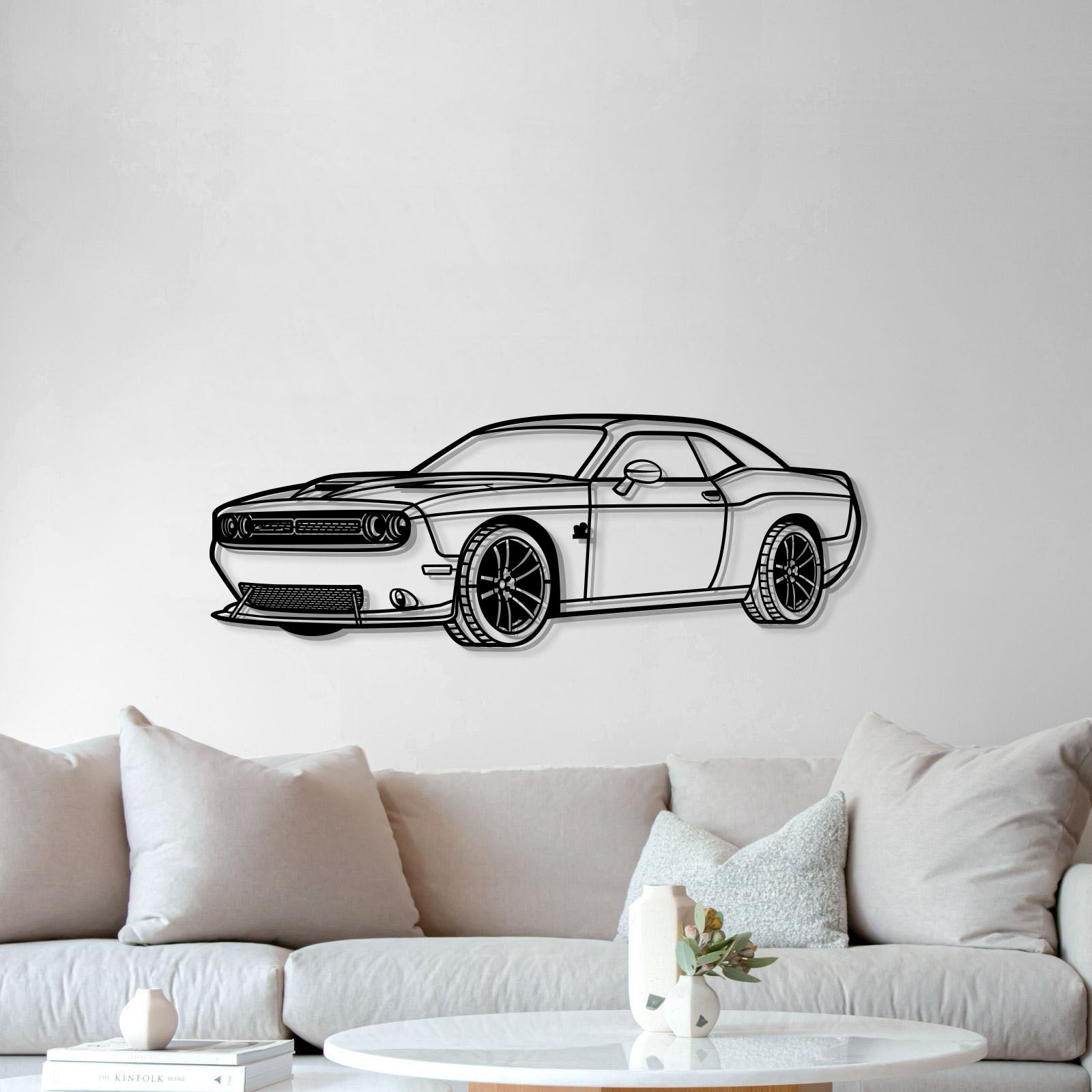 Dodge Challenger SRT 2019 automotive wall art – matte-finished laser-cut steel with subtle 3D stylistic lift