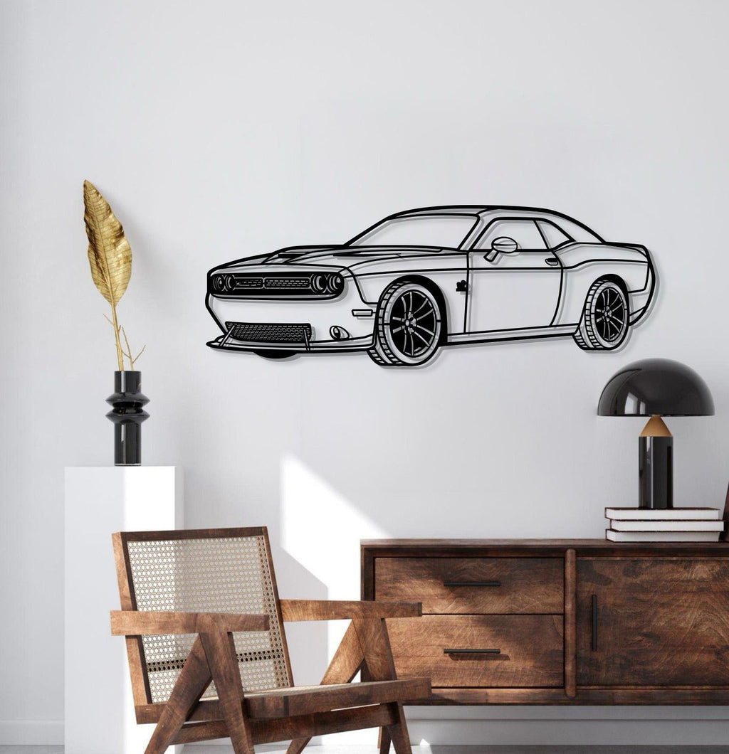 2019 Dodge Challenger SRT perspective silhouette wall art – elevation screws lift piece 1 cm off wall for striking 3D effect