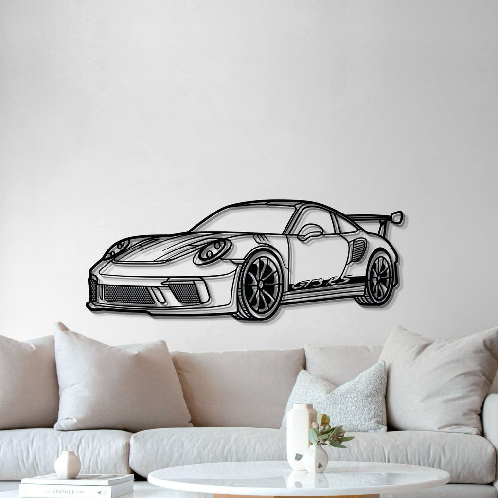 Perspective view of 2018 911 GT3 RS 992 metal wall art lifted 1 cm from wall