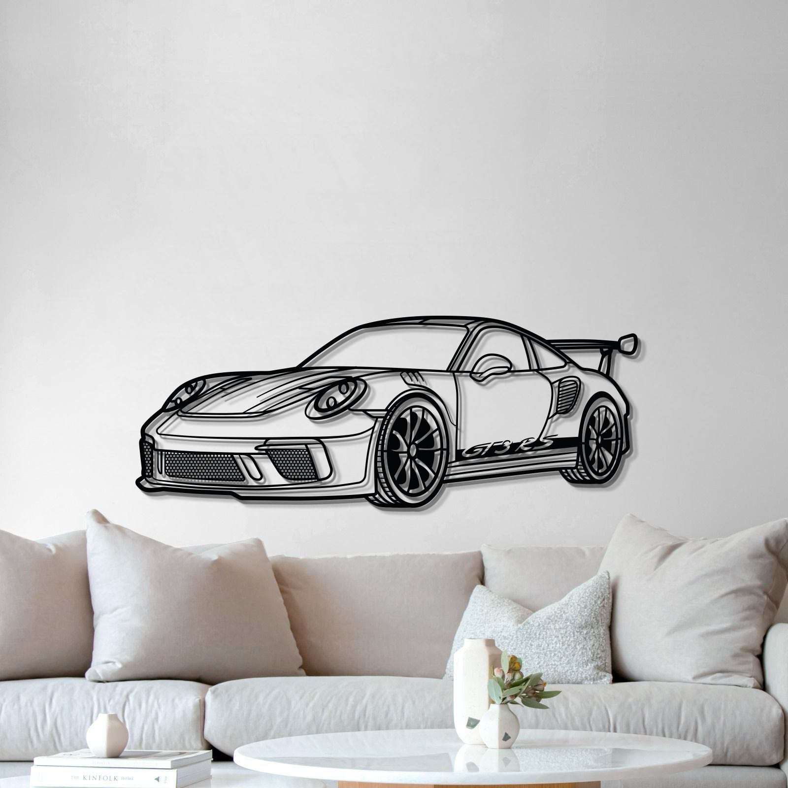 Perspective view of 2018 911 GT3 RS 992 metal wall art lifted 1 cm from wall